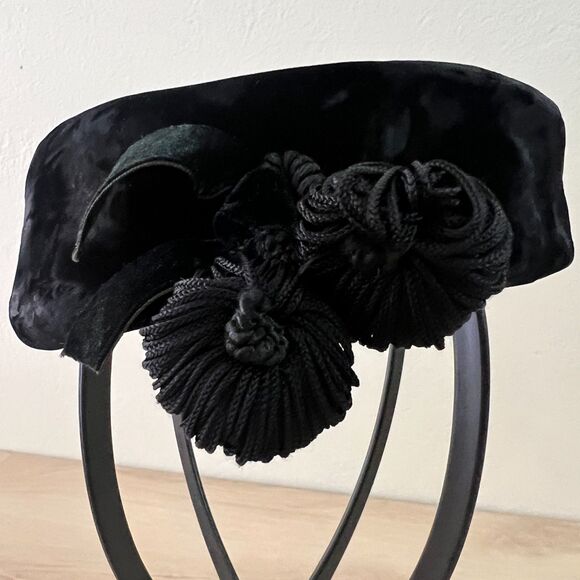 Vintage 50s Black Velvet Open-lattice Pom Pom Pillbox Hat, Vivian San Francisco main image 14